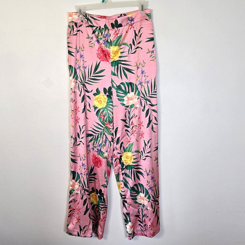 Rachel Zoe Satin Pants Women's M Pink Tropical Floral Pull On Summer Beach Party